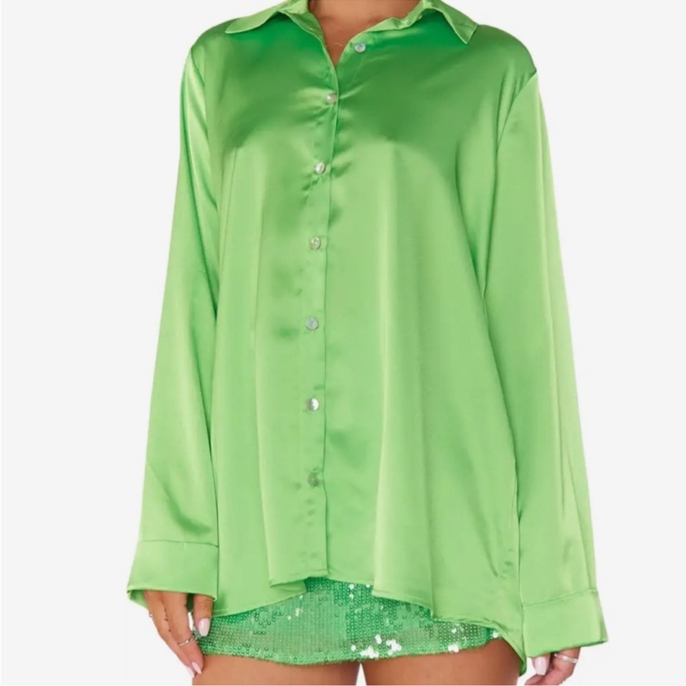 Show Me Your MuMu Lime Green Satin Button Down Shirt